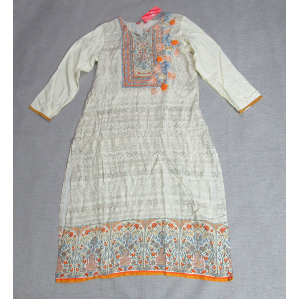 Liva Dress Women Large Beige Geometric Long Sleeve Beaded 2 Slits Ethnic NWT